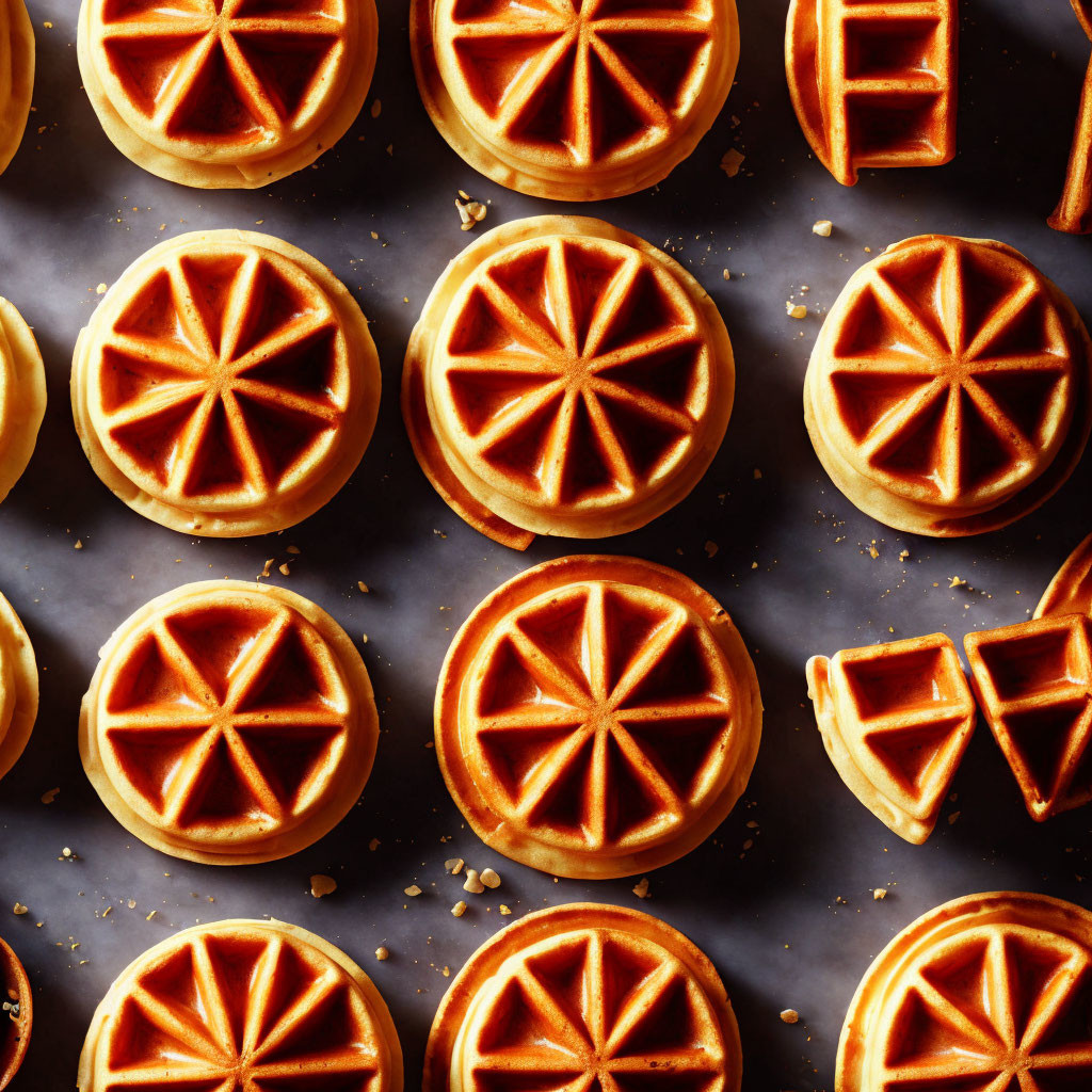 Round Golden Cookies with Intricate Designs on Dark Surface