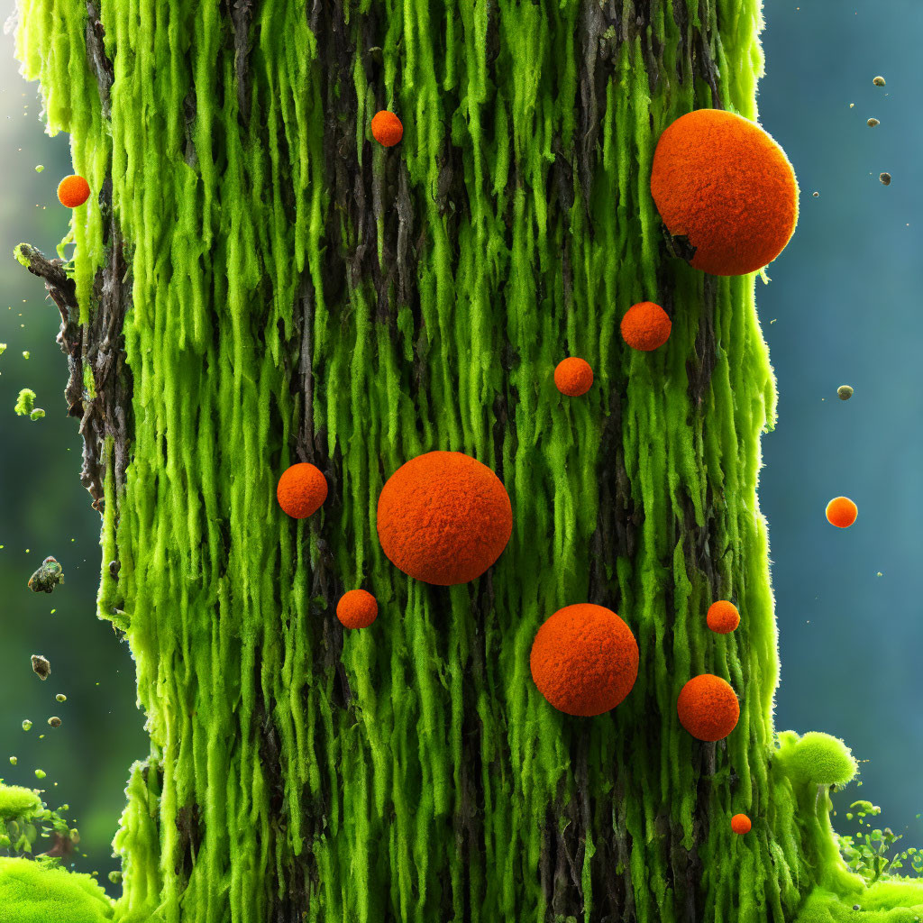 Detailed image of green tree trunk with orange moss-like growths in soft light.