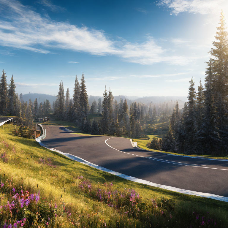 Scenic landscape with winding road, pine trees, meadows, and wildflowers