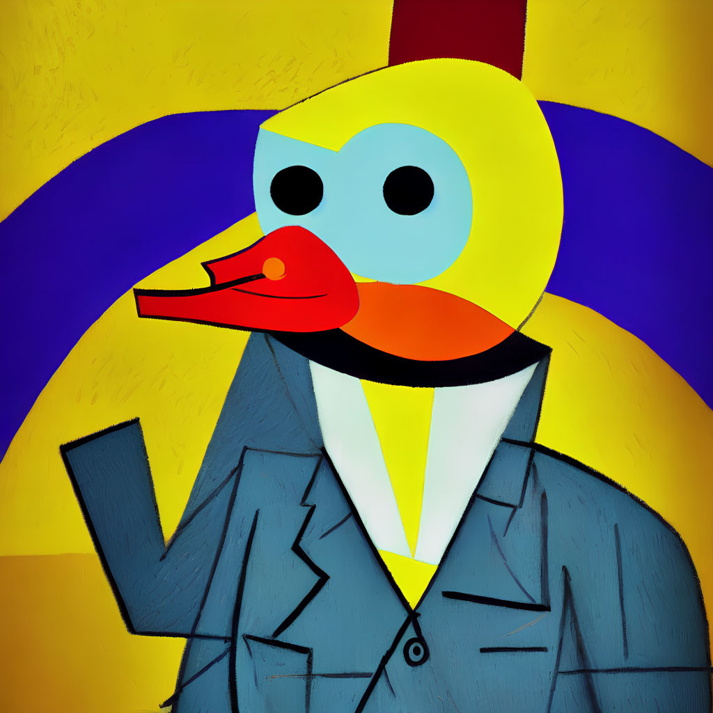 Vibrant artwork of person with duck head in suit on yellow and blue background