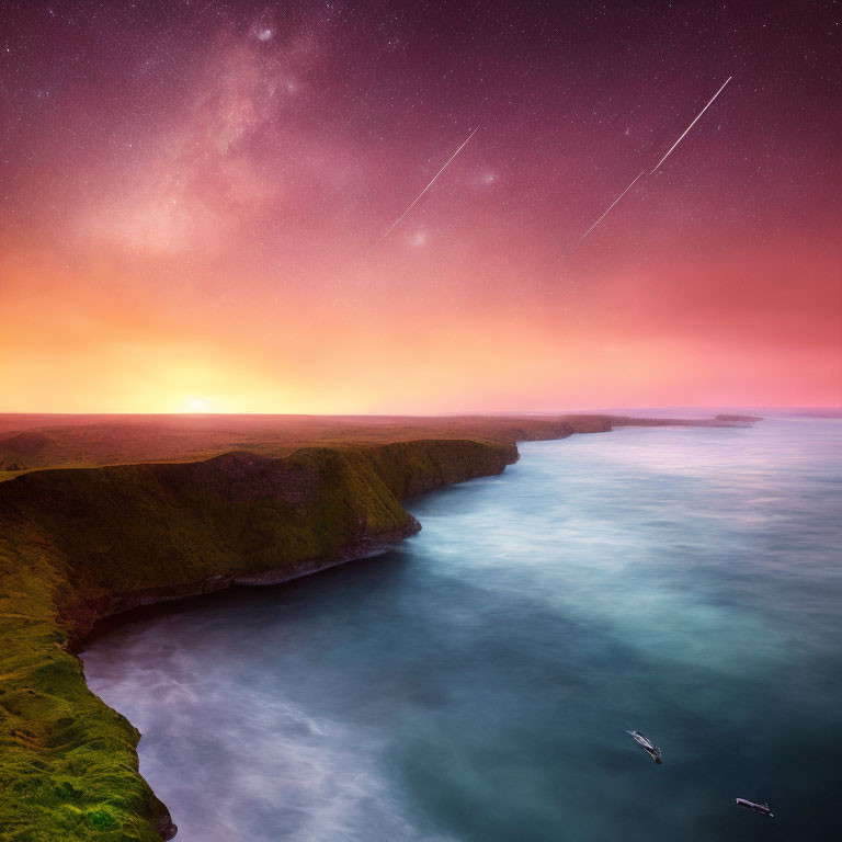 Pinkish-Purple Sunset Coastal Landscape with Stars and Boats