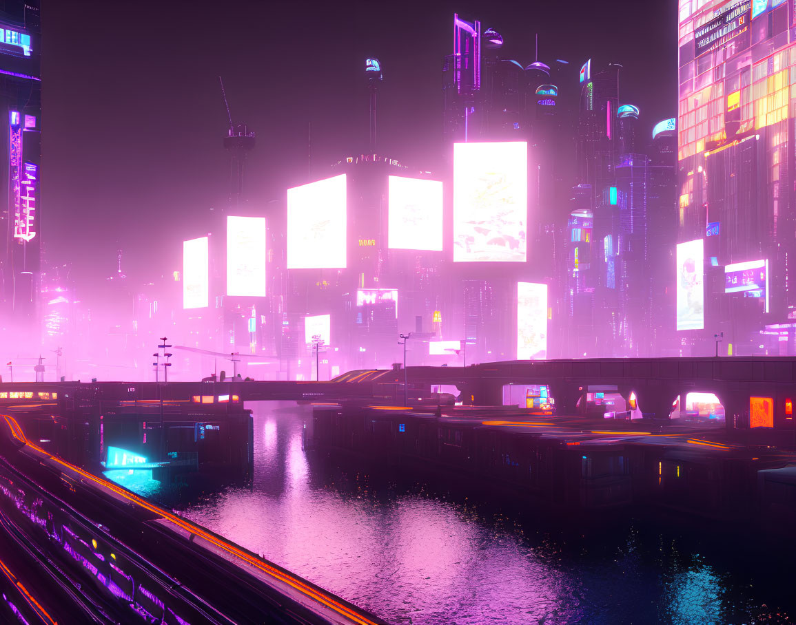 Futuristic neon-lit cityscape at dusk with skyscrapers and train track