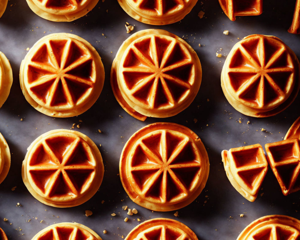 Round Golden Cookies with Intricate Designs on Dark Surface