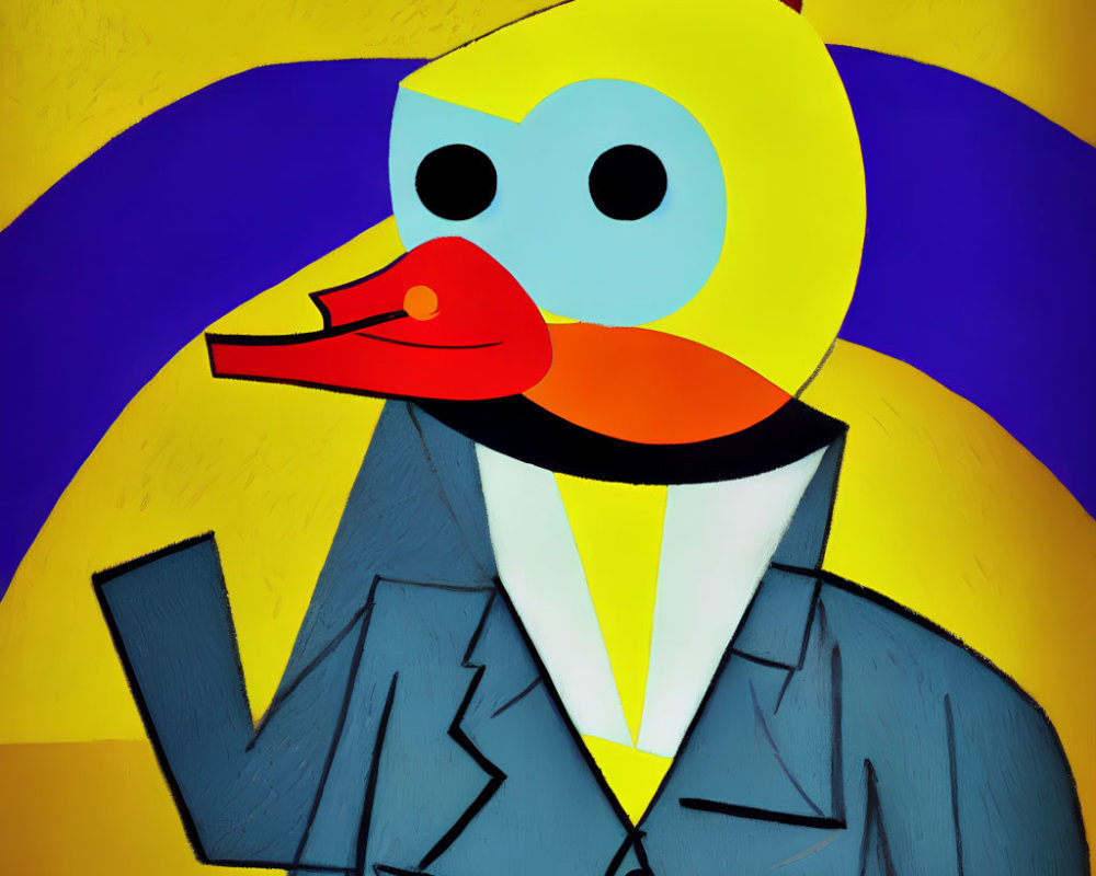 Vibrant artwork of person with duck head in suit on yellow and blue background