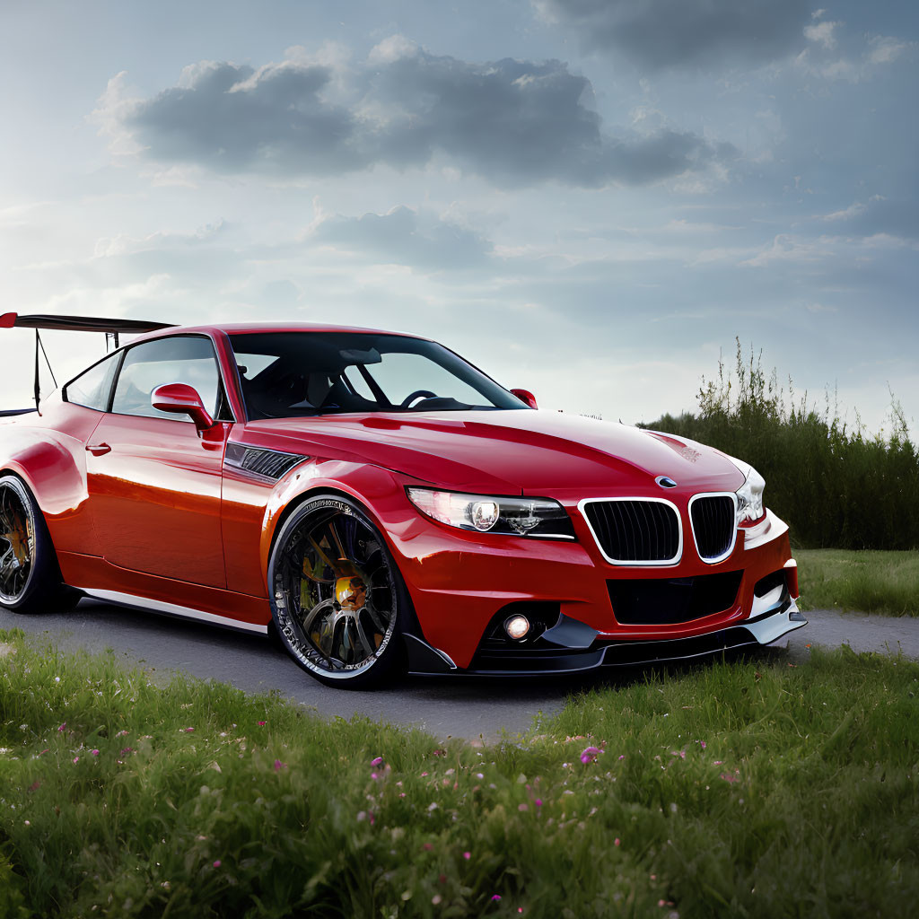 Red BMW sports car with wide-body kit, aftermarket wheels, and large rear spoiler parked outdoors under cloudy