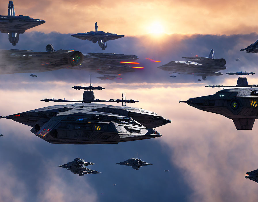 Futuristic spaceships in aerial combat with laser beams at sunset