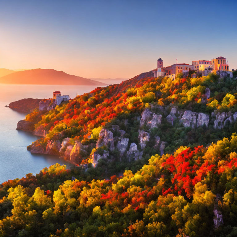 Coastal Town on Cliff with Autumn Trees at Sunset