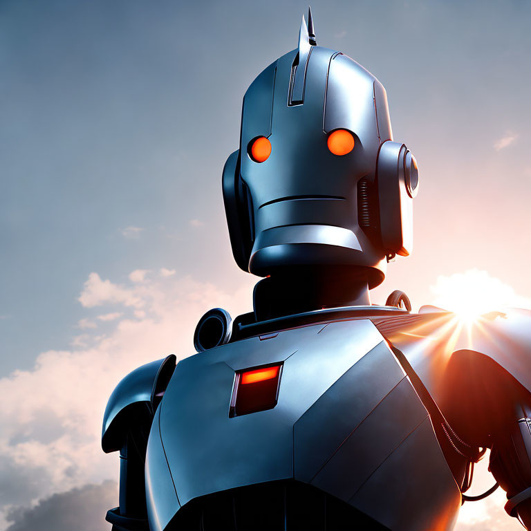 Humanoid Robot with Glowing Orange Eyes Against Blue Sky