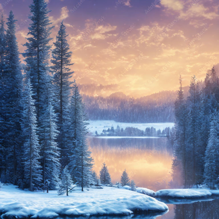 Winter Scene: Snowy Pine Trees, Calm Lake, Vibrant Sunset