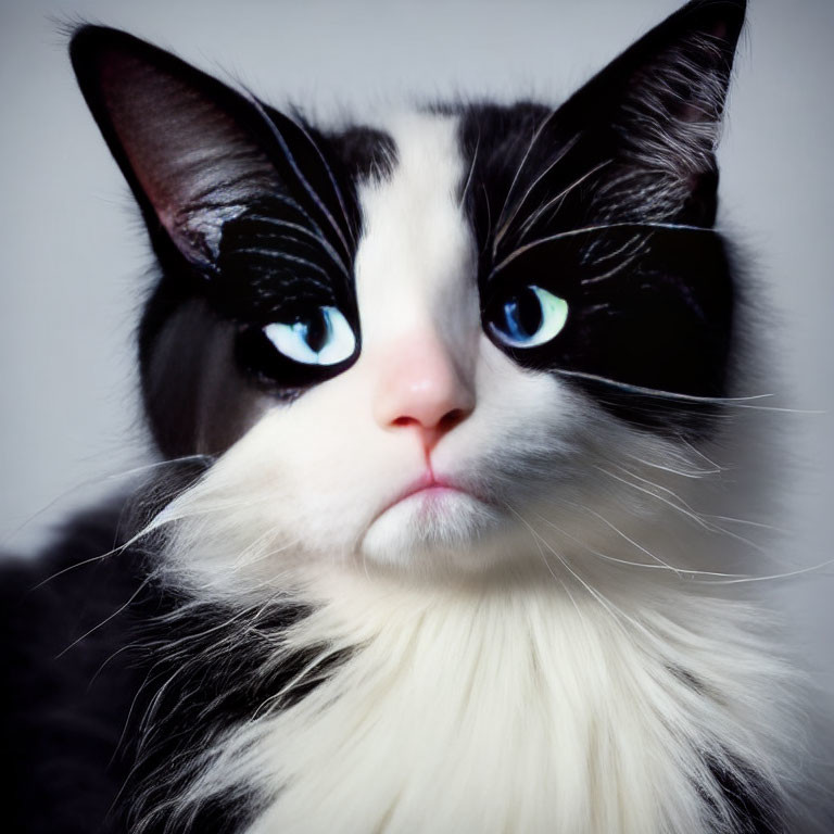 Black and White Cat with Blue Eyes and Fluffy White Chest Close-Up