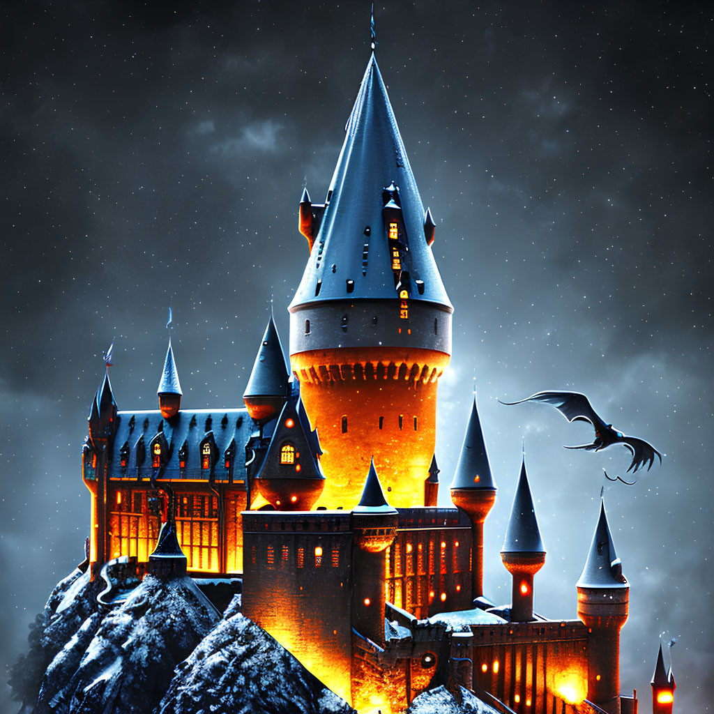 Snowy Mountain Castle Illuminated by Night Sky with Flying Dragon