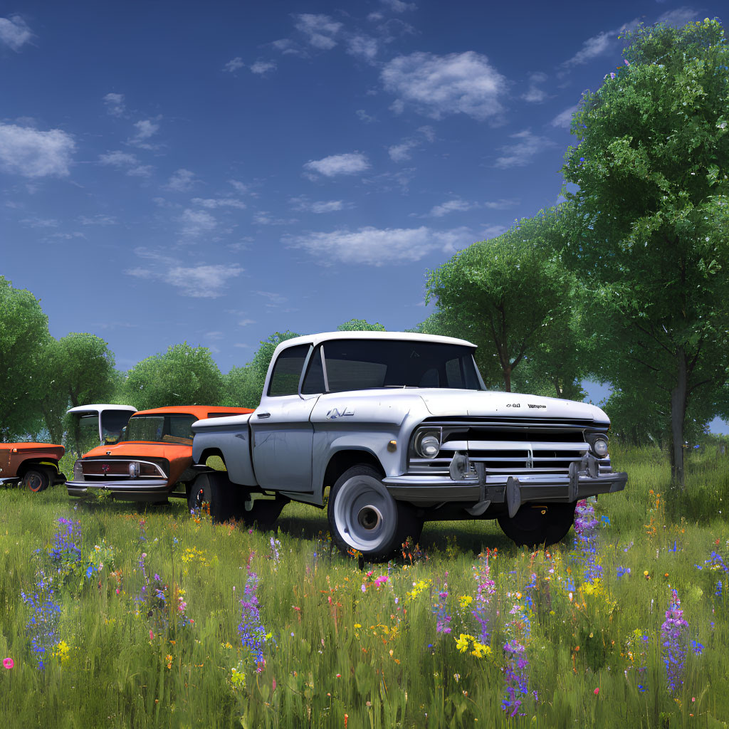 Vintage Trucks Parked in Colorful Wildflower Field Under Clear Blue Sky