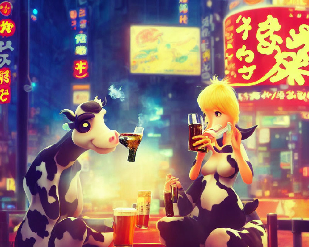 Cow-costumed characters in neon-lit street with Asian signage backdrop.