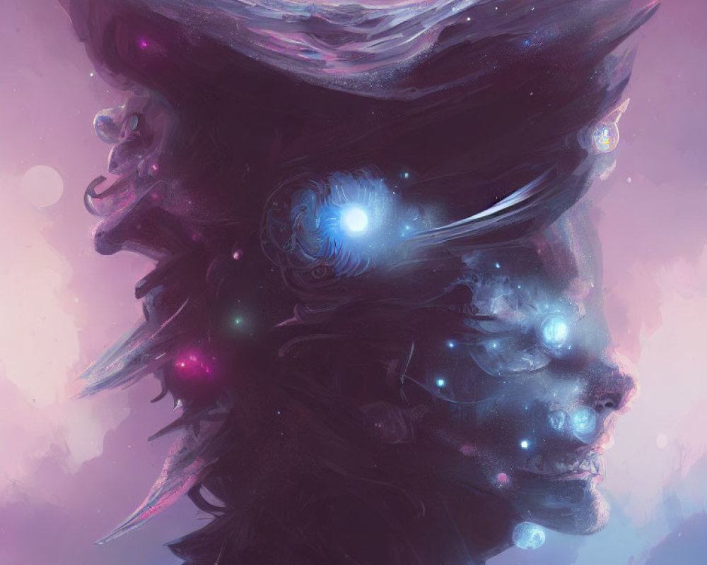 Abstract cosmic portrait with starry elements and ethereal human figure merging into the universe