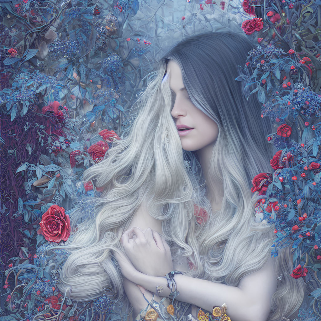 Blonde woman in mystical floral setting with red roses