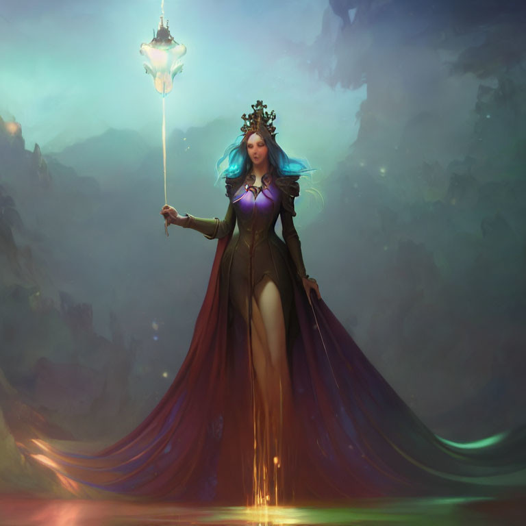 Majestic queen with blue hair and crown holding glowing staff in green dress and red cape