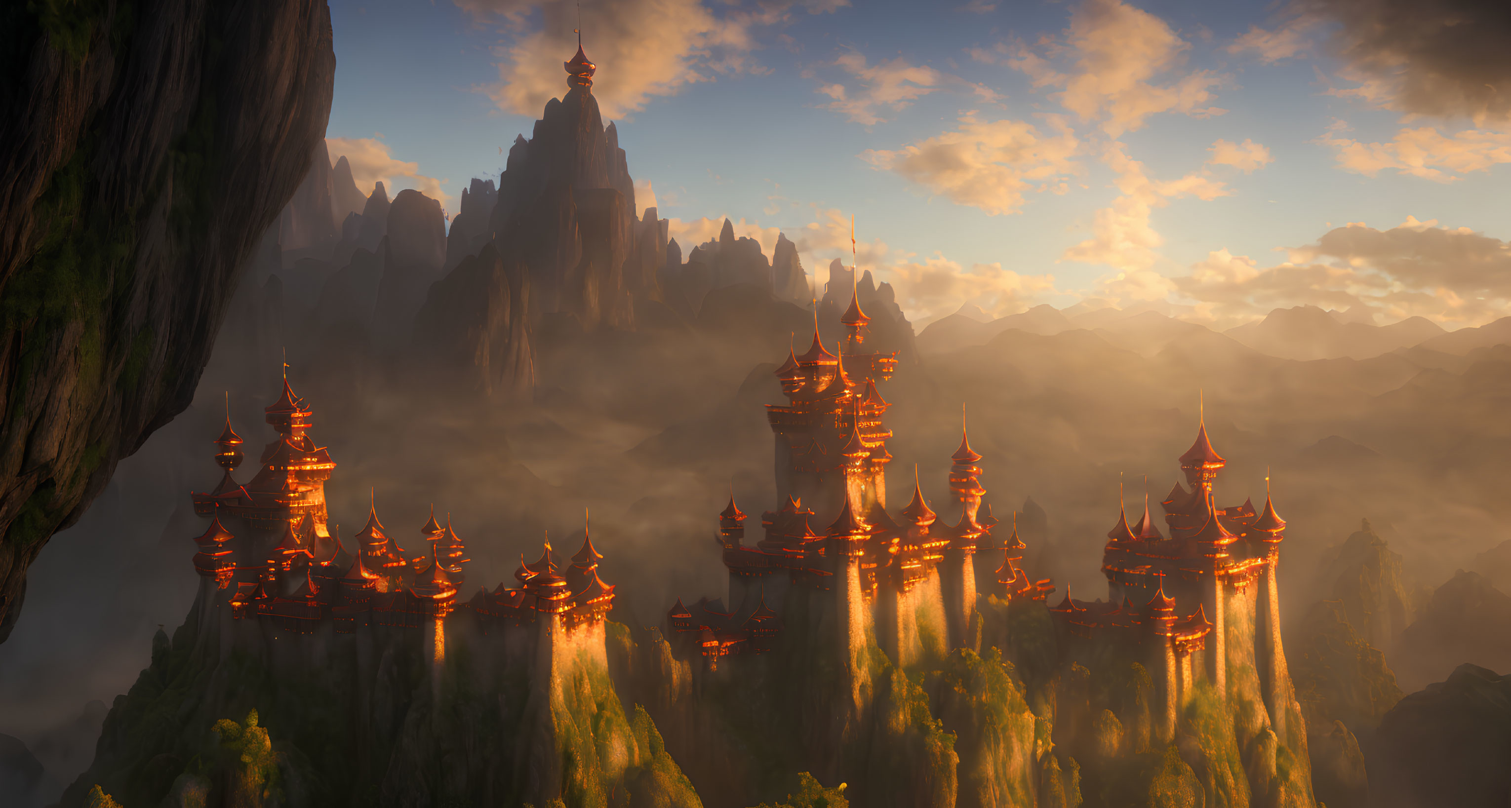 Majestic oriental-inspired castles on towering rock pillars at sunset