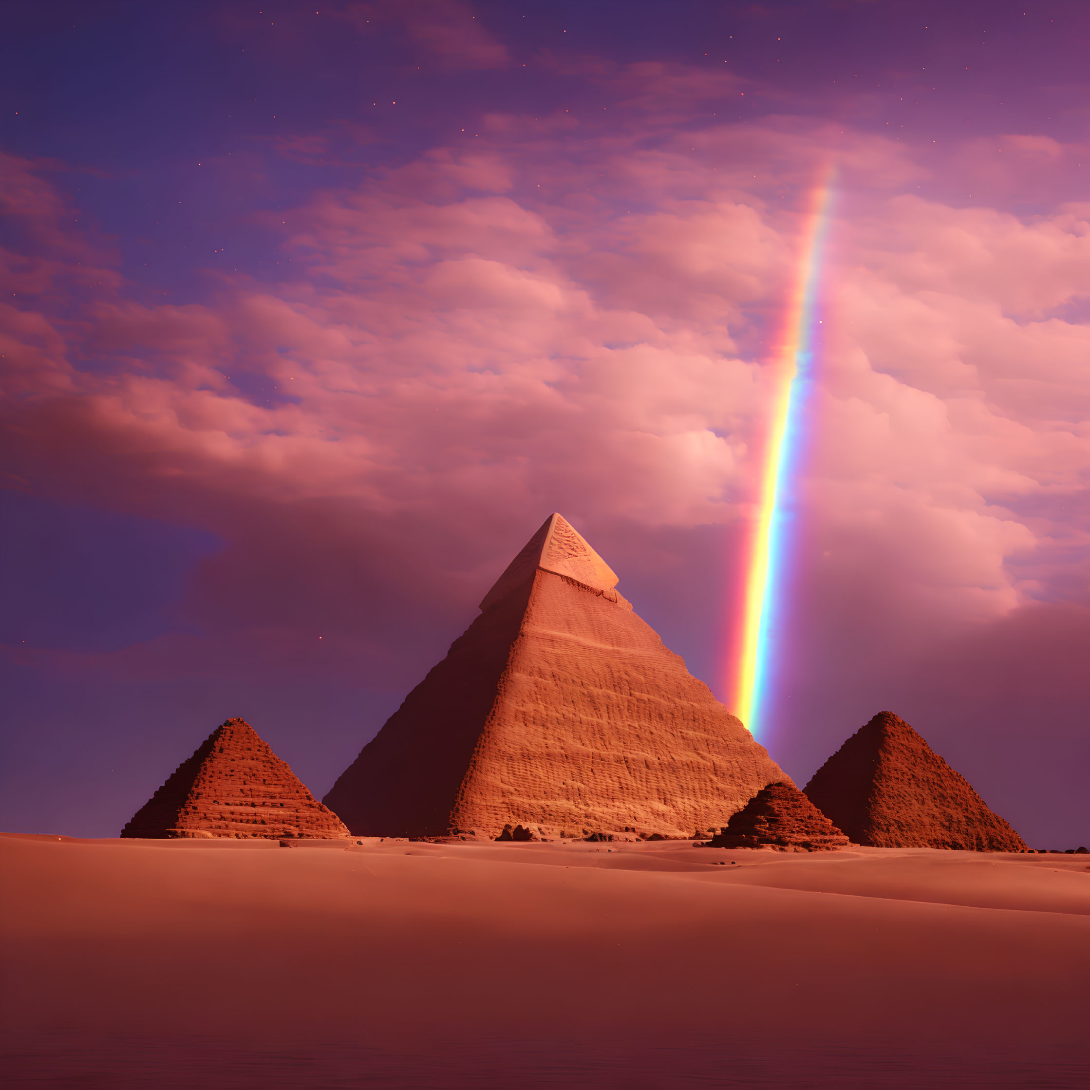 Pyramids under twilight sky with vibrant rainbow