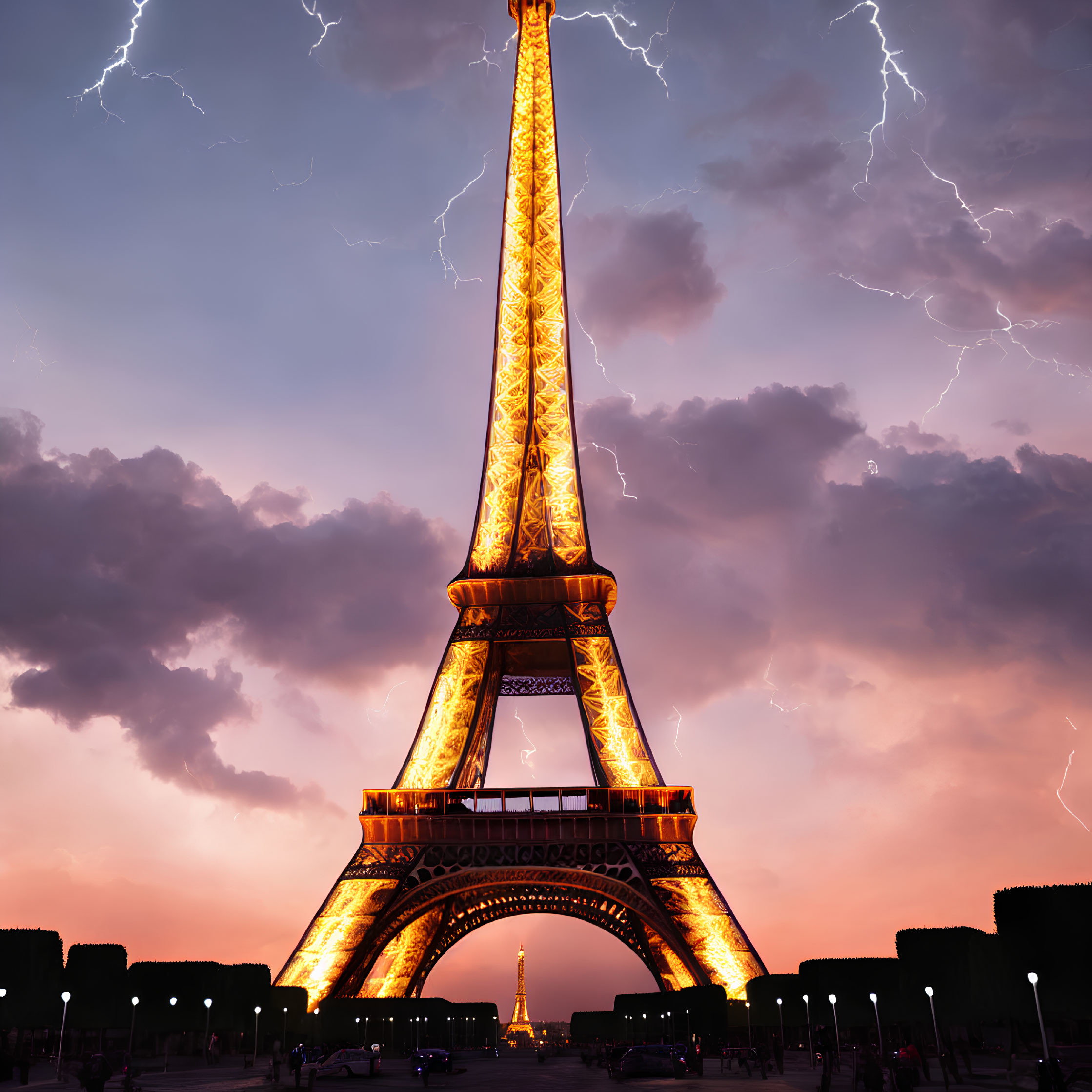 Iconic Eiffel Tower illuminated at twilight with lightning strikes