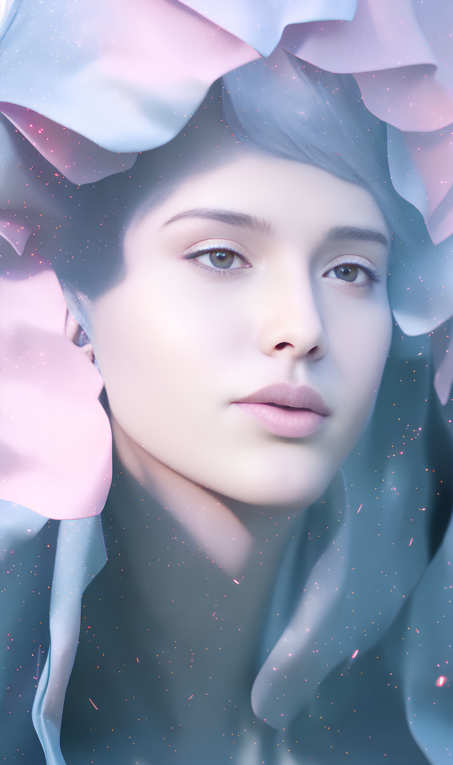 Ethereal woman portrait with pink petals on blue backdrop