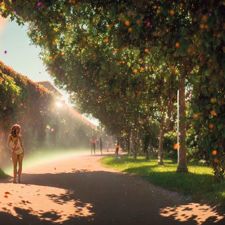 Child in swimsuit walks on sunlit path with colorful light orbs, whimsical scene