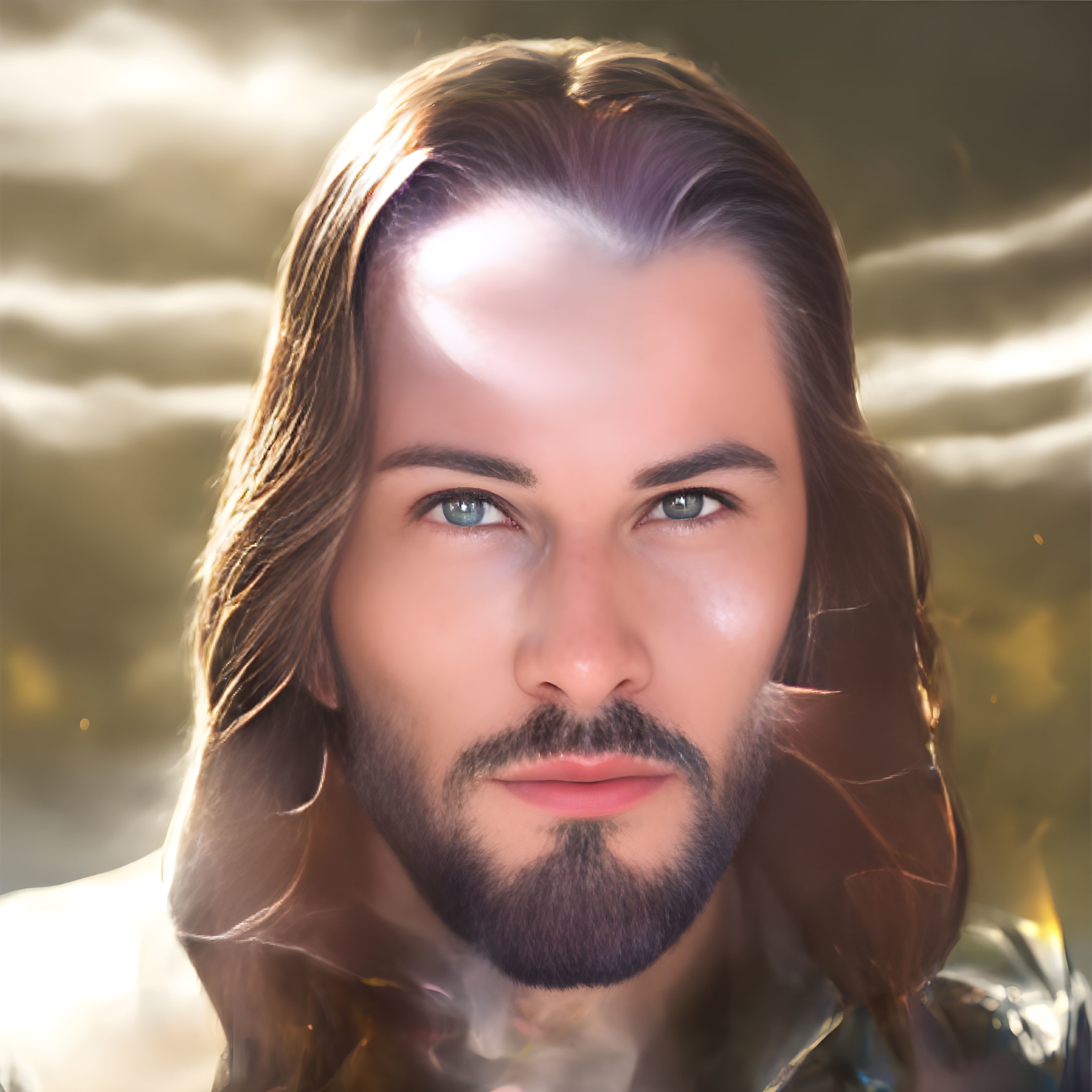 Man with Long Brown Hair and Blue Eyes in Digital Portrait