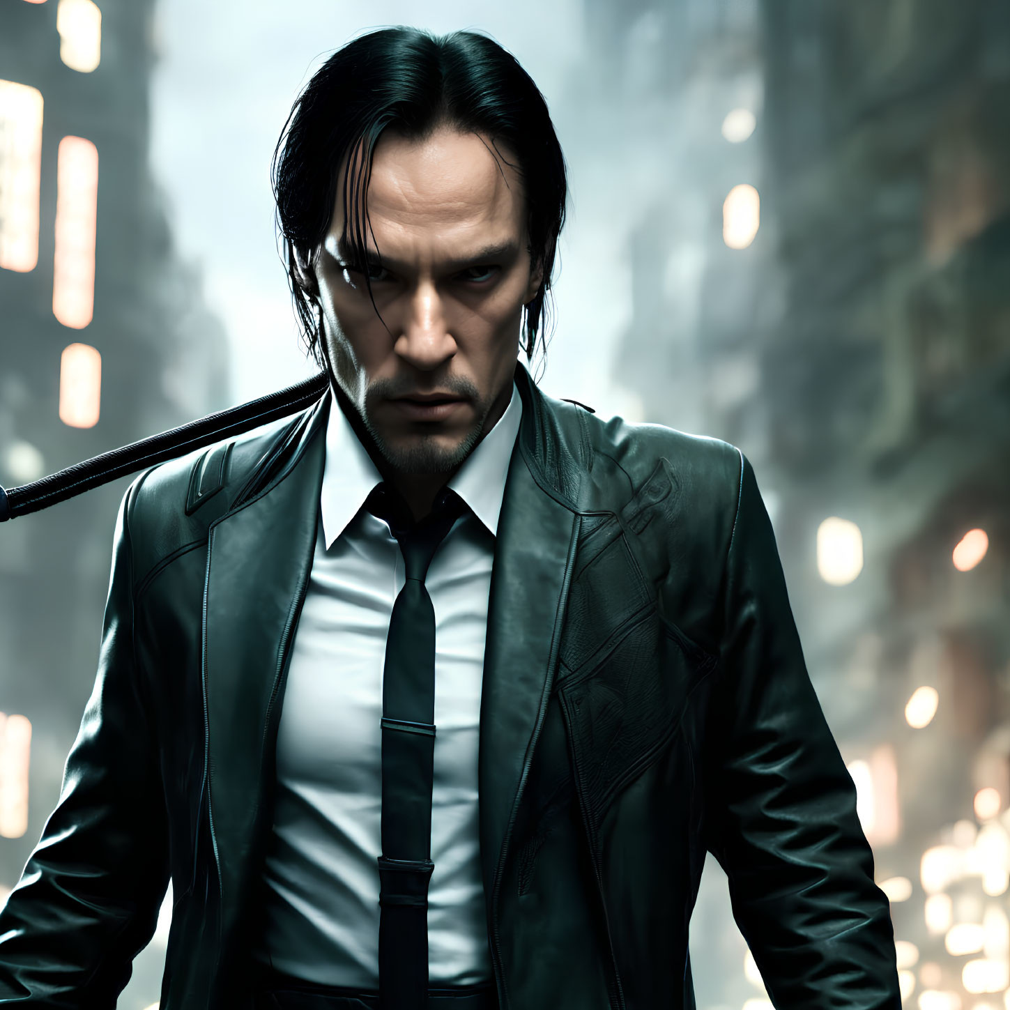 Long-haired man in black suit and tie with gloomy cityscape backdrop