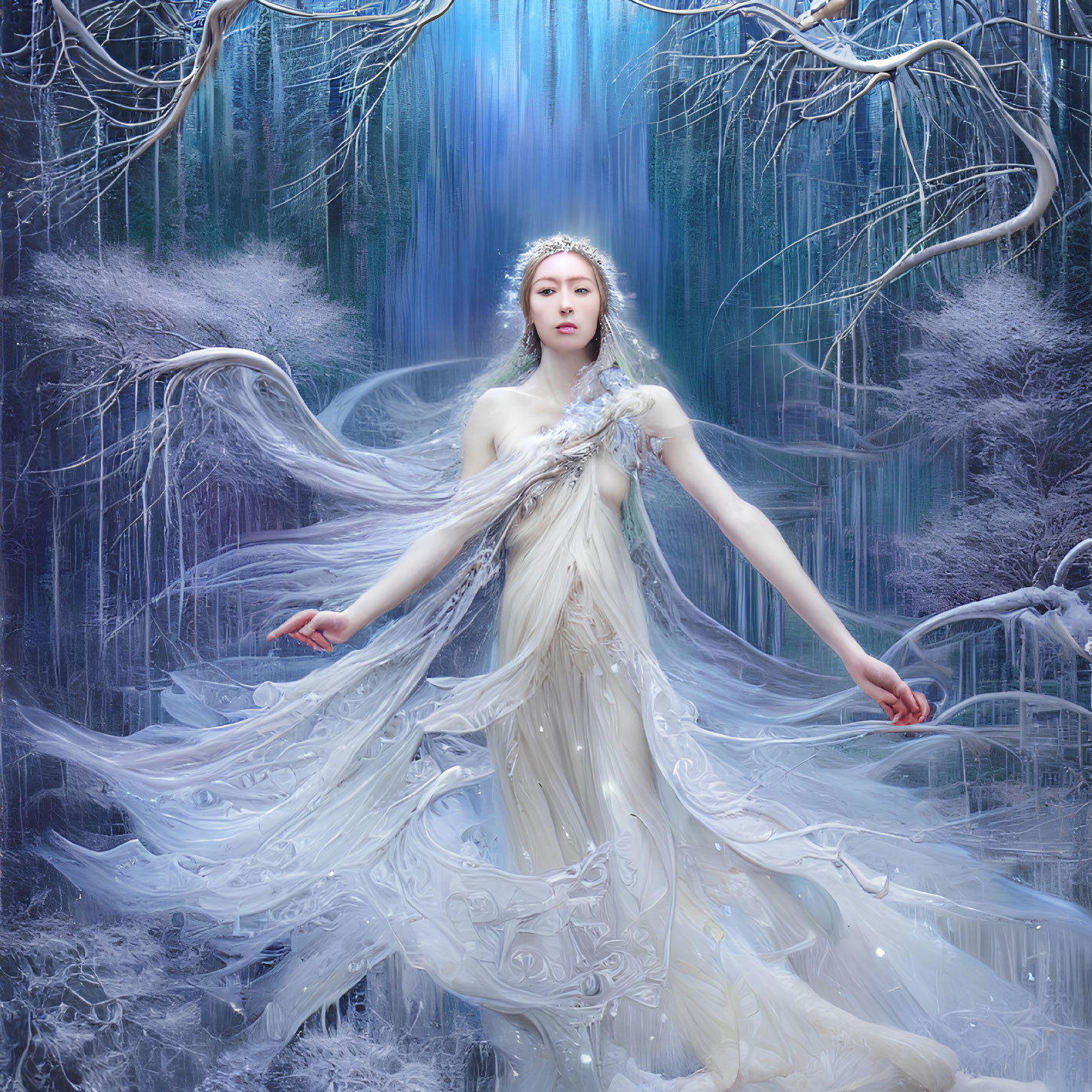 Woman in flowing white gown in mystical icy forest with bare branches and soft blue glow