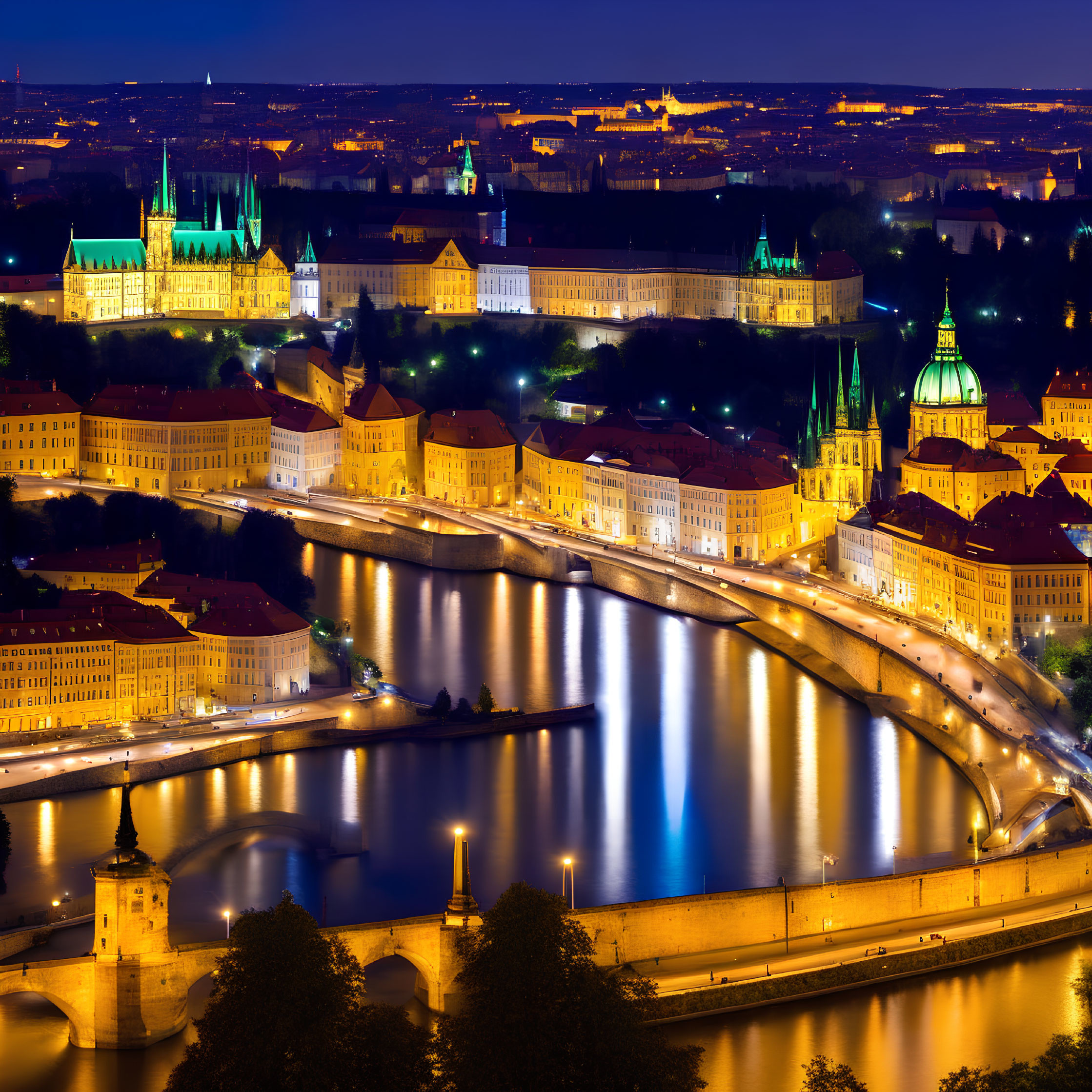 Historic cityscape with castle, cathedral, river, and bridges illuminated at night