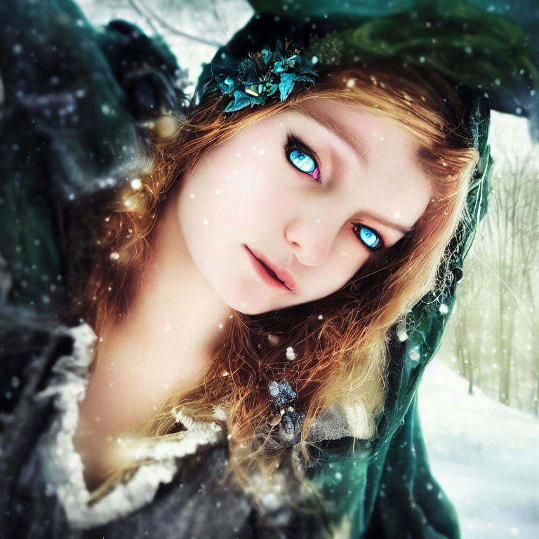 Person with Striking Blue Eyes and Green Headpiece in Snowy Setting