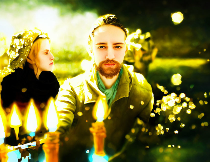 Stylized image of two contemplative people with candles in dreamlike ambiance