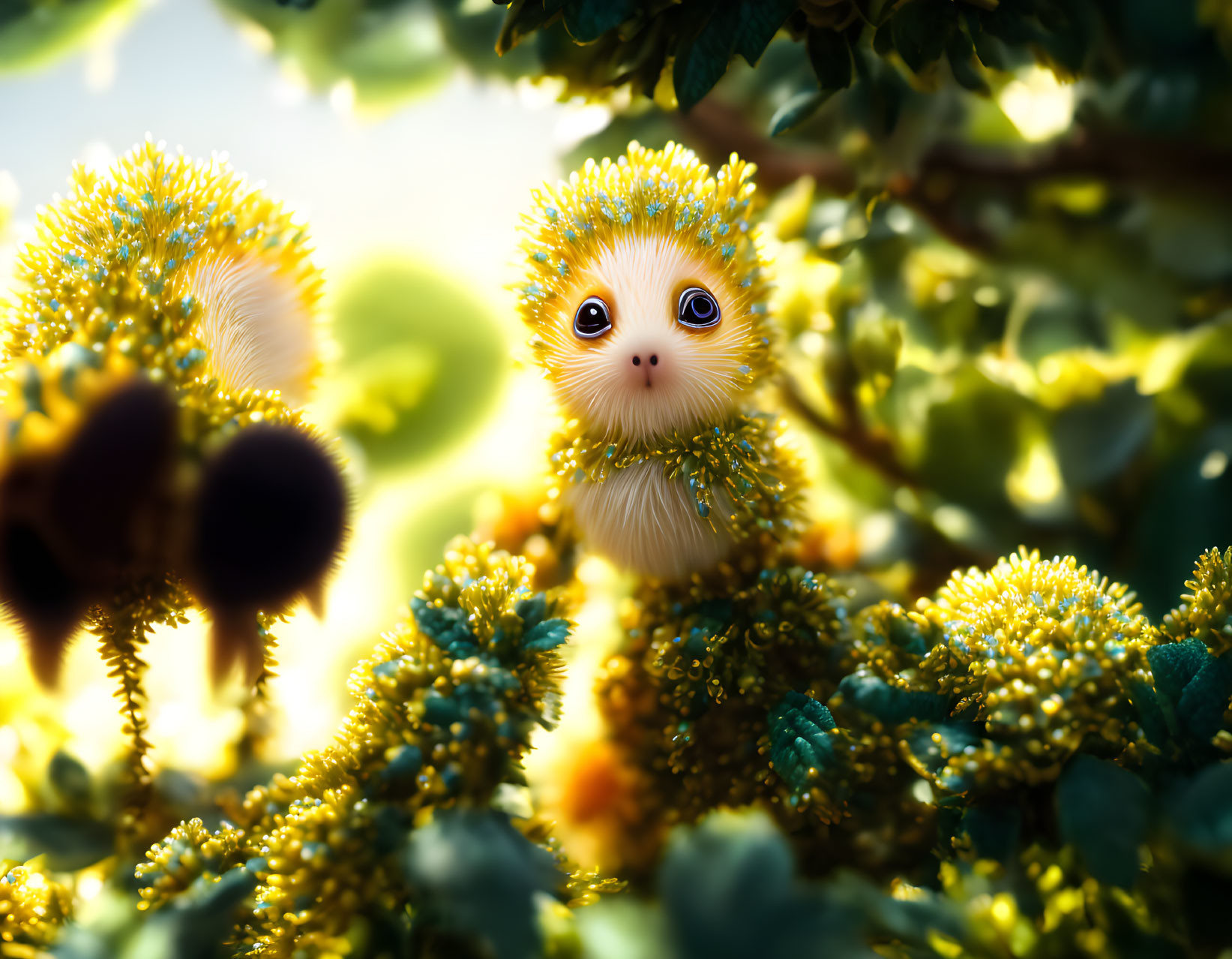 Illustration: Wide-eyed creature in flowers under dappled sunlight