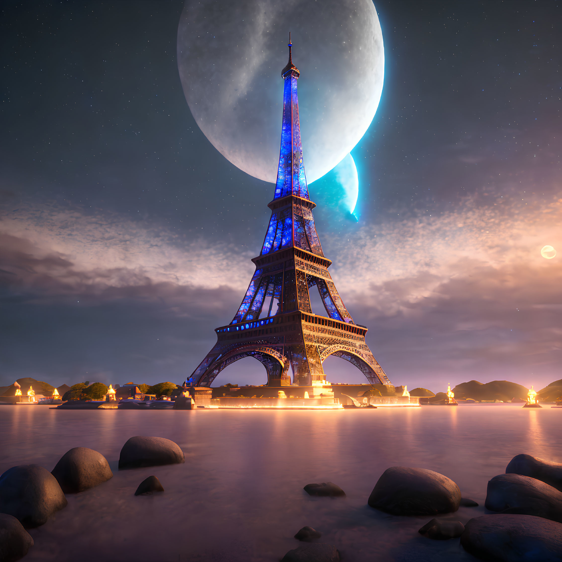 Iconic Eiffel Tower Night Scene with Moon, Water Reflection, Rocks, and Starry Sky