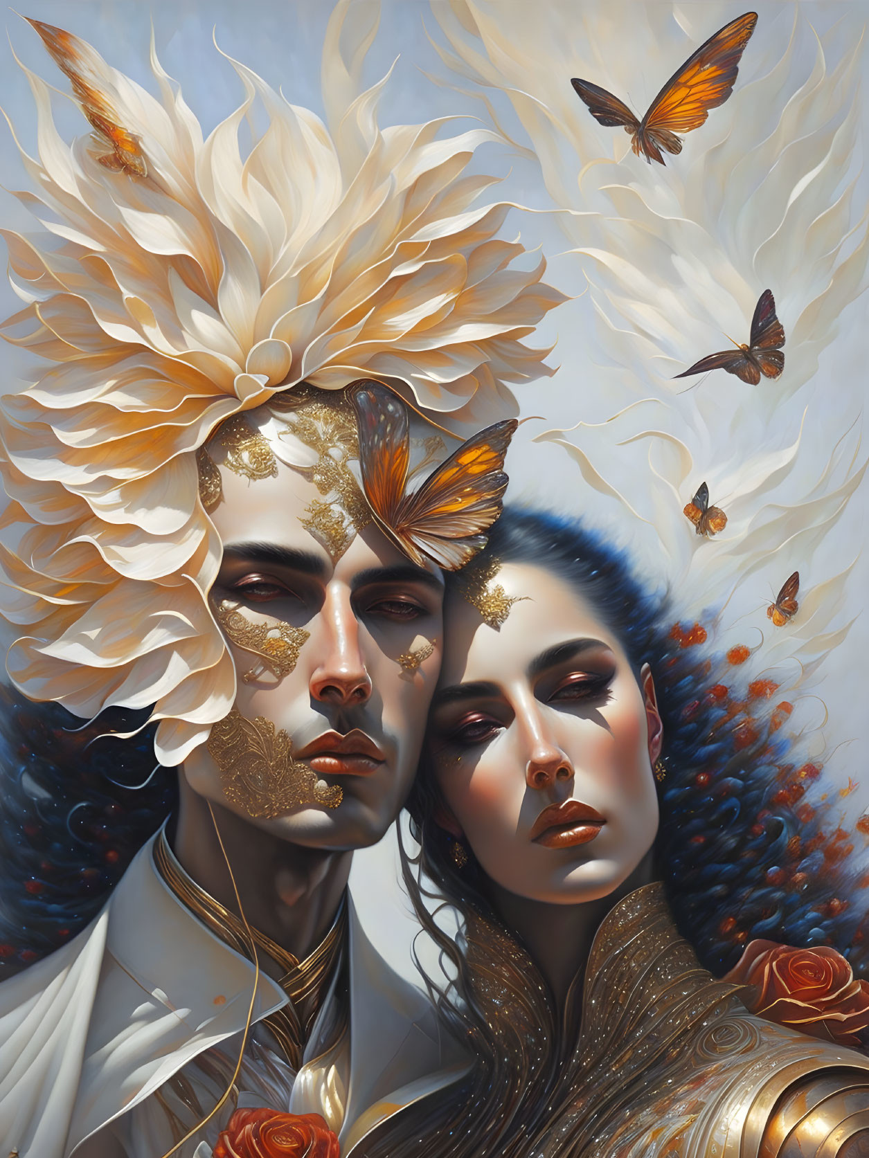 Surreal portrait of man and woman with gold details and butterflies