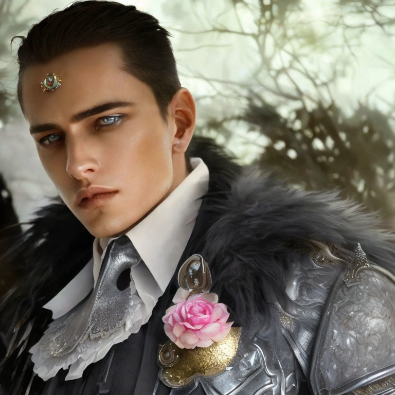 Digital artwork: Man with blue eyes in ornate armor and rose brooch, against natural backdrop