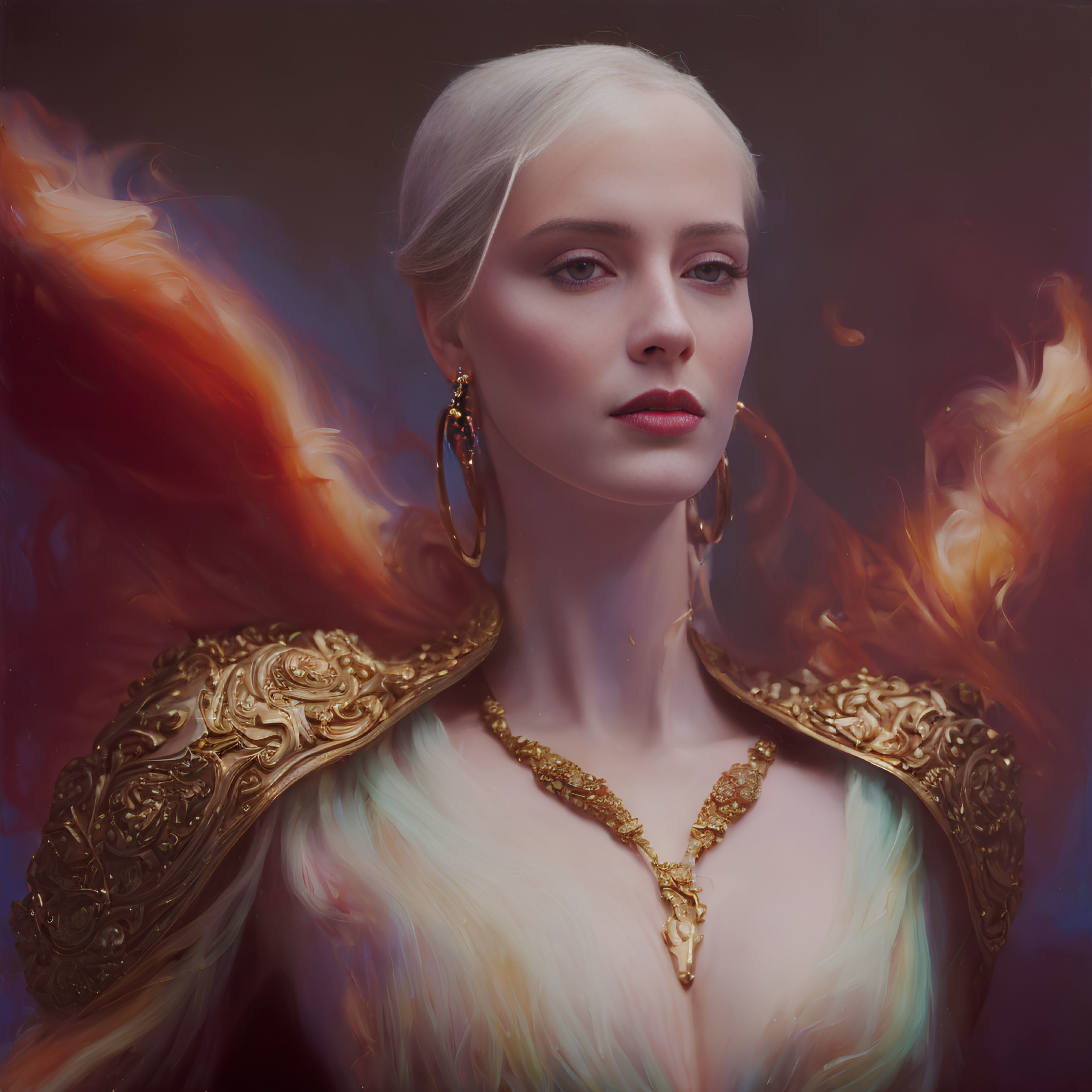 White-Haired Woman in Ornate Gold Clothing Surrounded by Wispy Flames on Moody Background