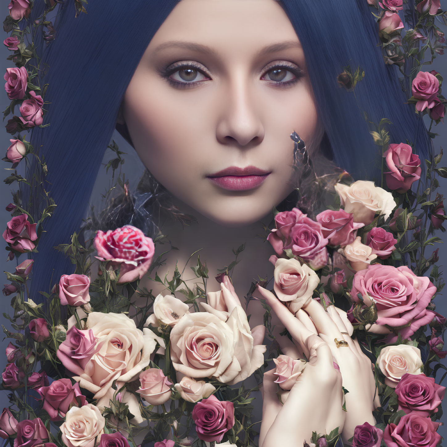 Serene woman with blue hair among pink and white roses on lavender background