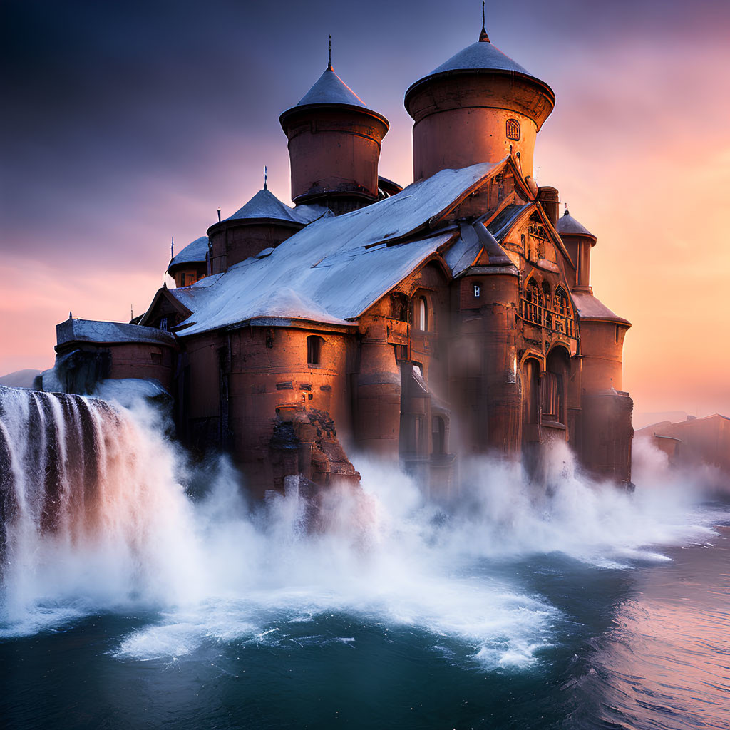 Medieval castle with turrets on waterfall in misty sunset.