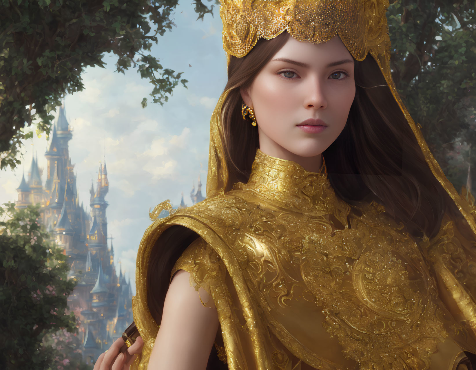 Regal woman in gold royal attire with crown, serene expression, blurred castle backdrop
