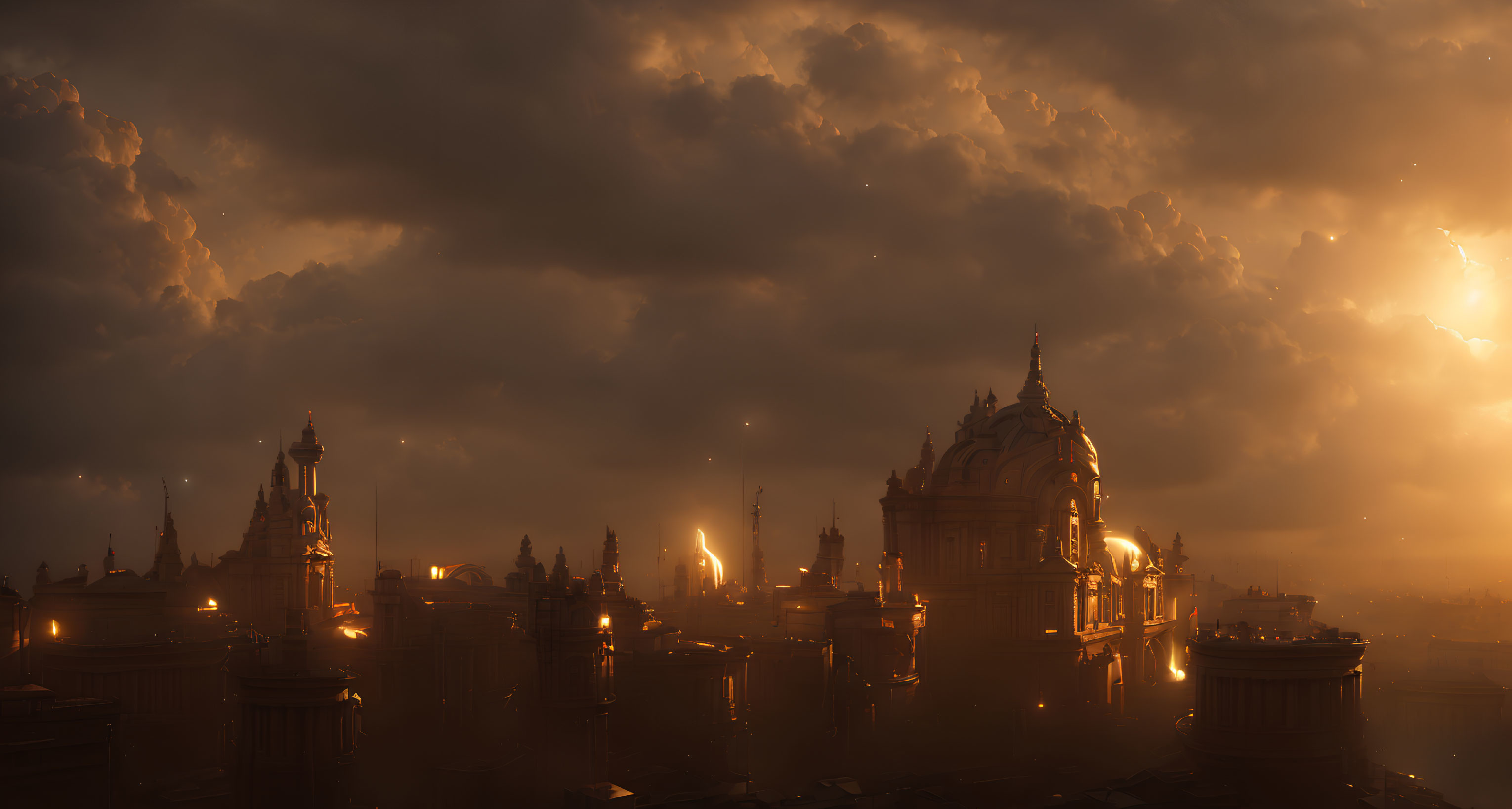 Majestic fantasy cityscape with baroque architecture at dusk