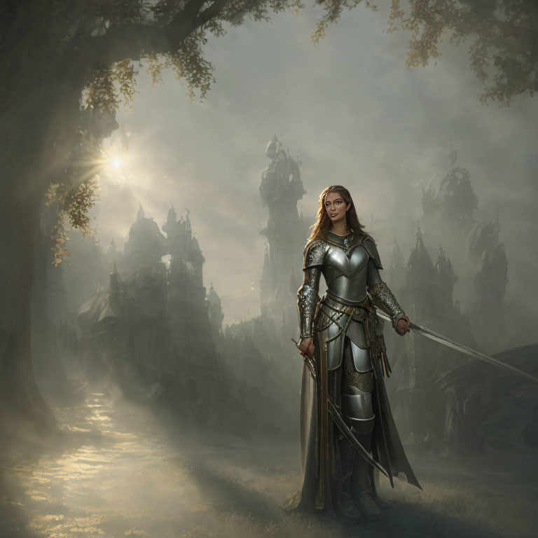 Female warrior in shining armor in forest with sunlight and ancient structures