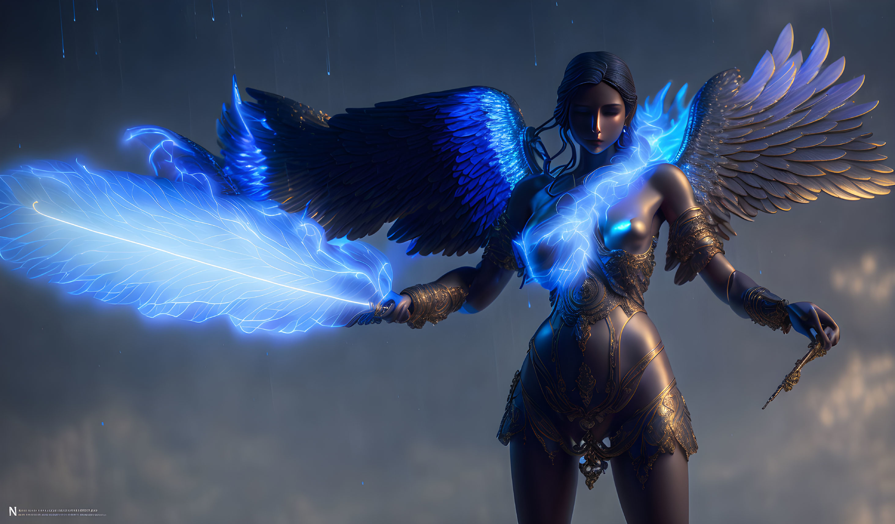 Digital artwork of female figure with glowing wings and golden armor on dark background.