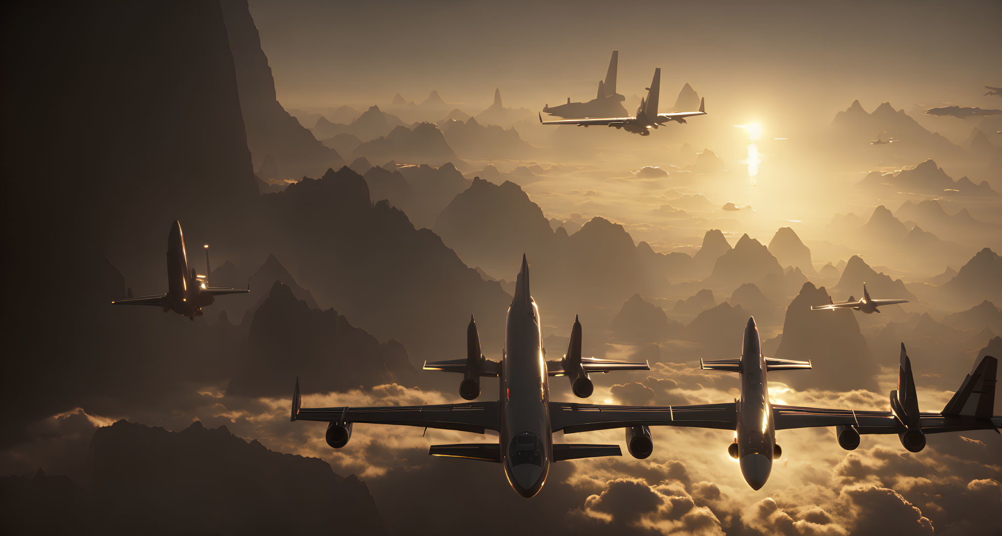 Airplanes Squadron Soaring Over Golden Mountain Landscape