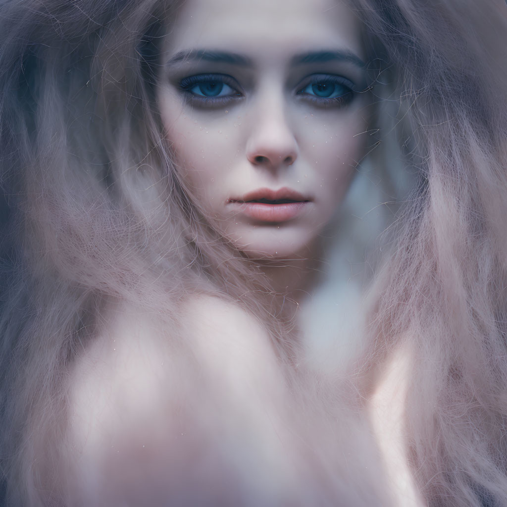 Intense blue-eyed woman with disheveled hair in haunting portrait