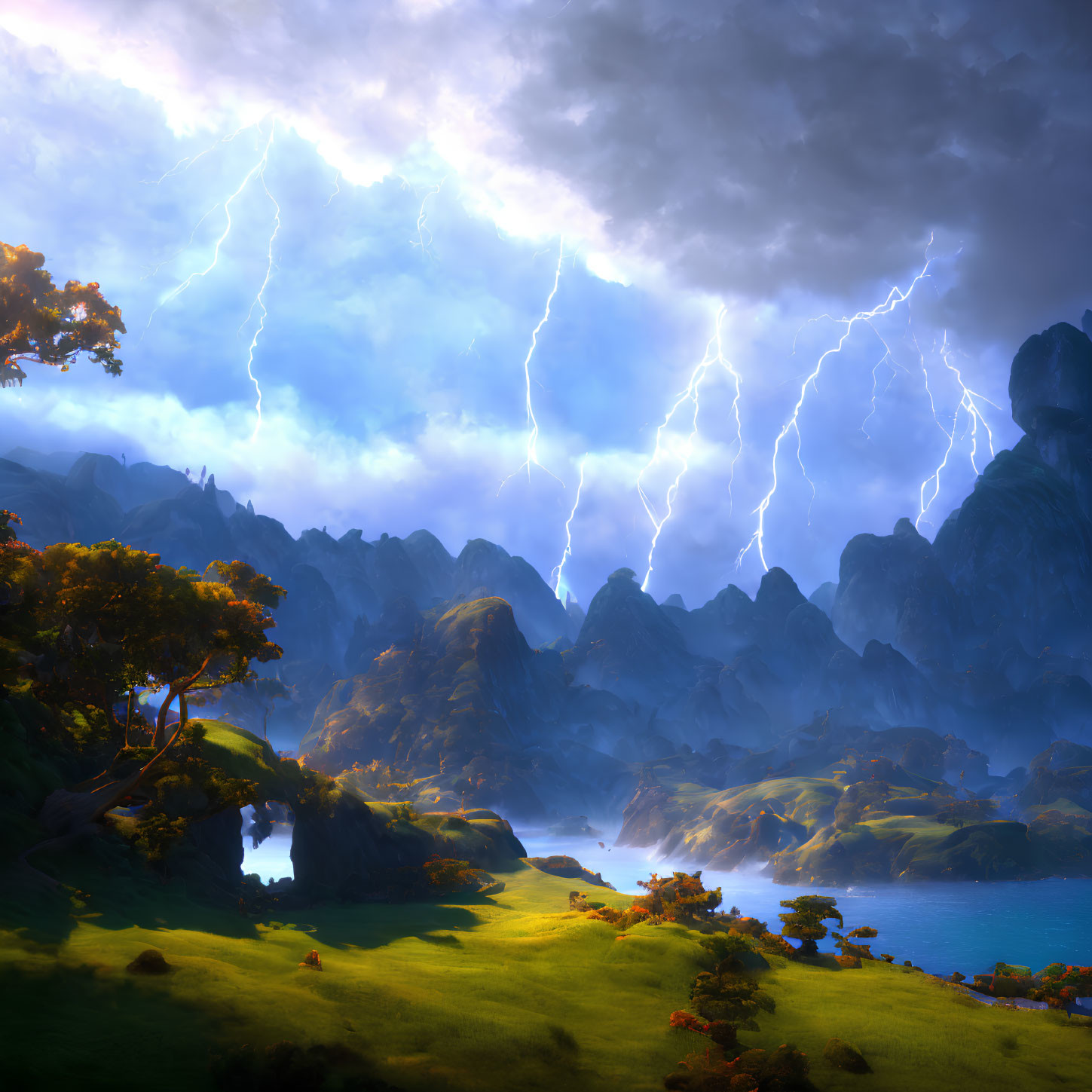 Dramatic landscape with lightning over mountains and serene water