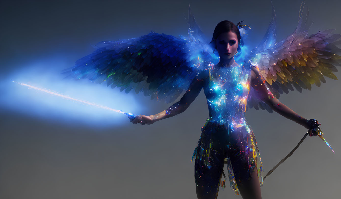Multicolored glowing wings on a woman with a light sword in dark ethereal space