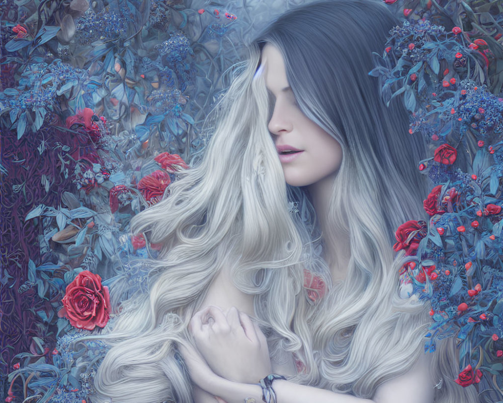 Blonde woman in mystical floral setting with red roses