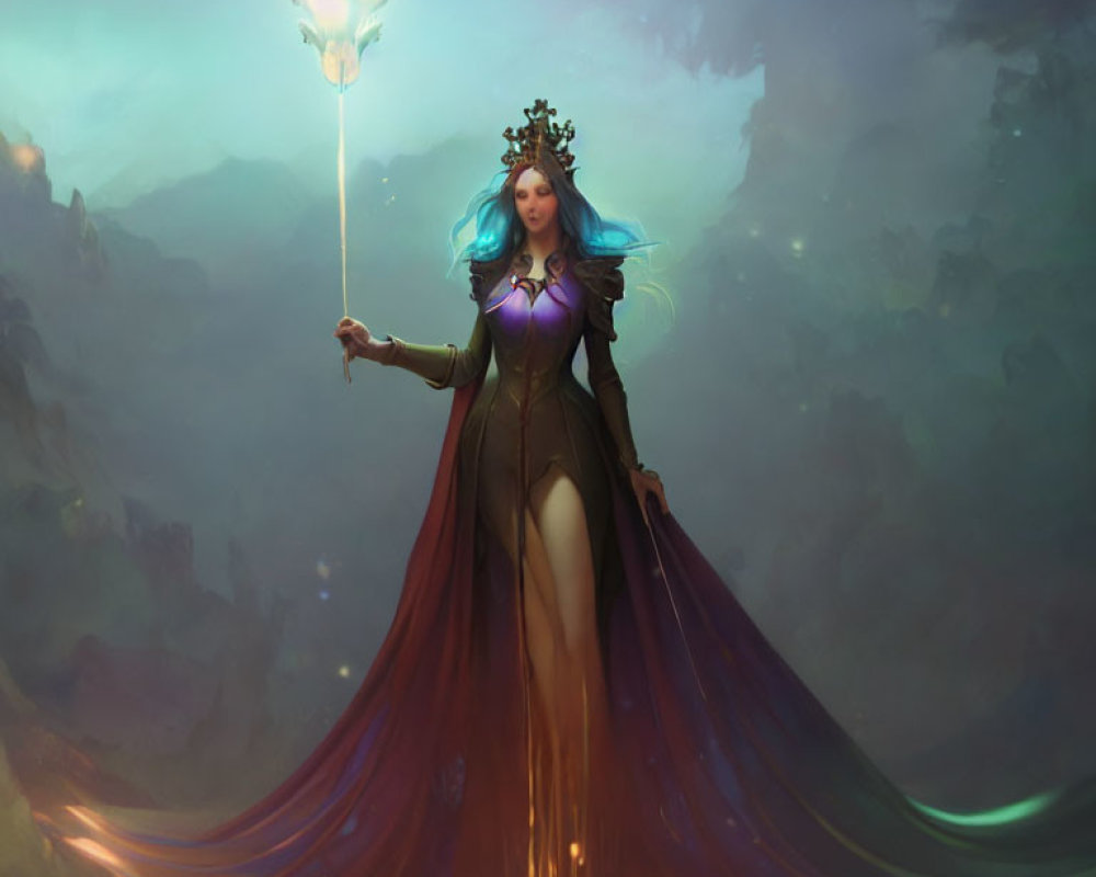 Majestic queen with blue hair and crown holding glowing staff in green dress and red cape
