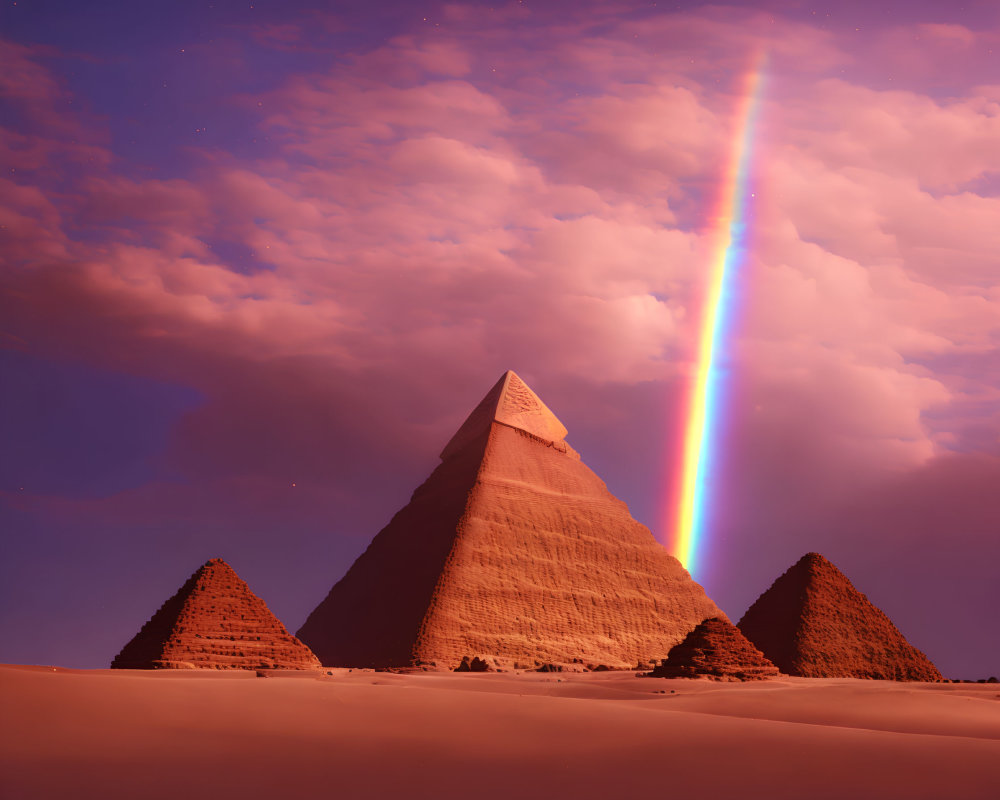 Pyramids under twilight sky with vibrant rainbow