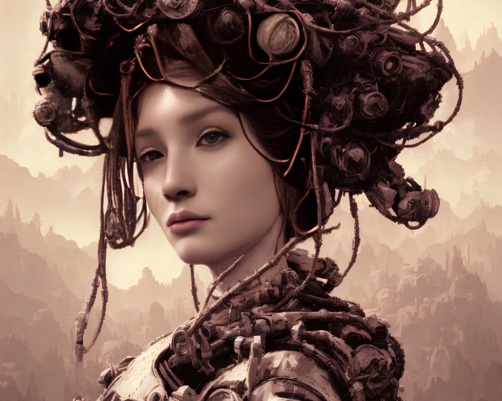 Woman with intricate mechanical headdress in mountainous digital art